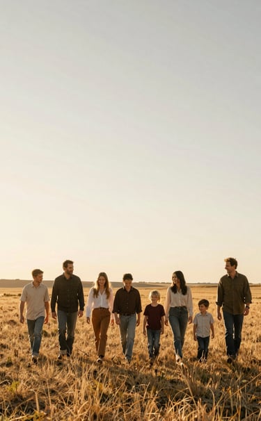 A wide, cinematic landscape shot of a North American / General Western family walking through a meadow during golden hour. The sky is a soft sand color, and the sun is creating long, dramatic shadows. The family is dressed in neutral, earthy tones, looking authentically happy and unposed.