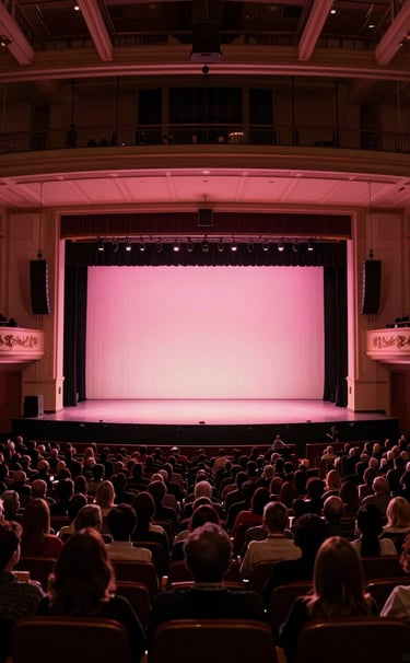 A wide-angle photography shot of a grand performance hall in a North American / US city. The stage glows with soft pink and muted rose lights, while the audience is silhouetted against the warm pearl brilliance of the stage. The style is cinematic and professional.