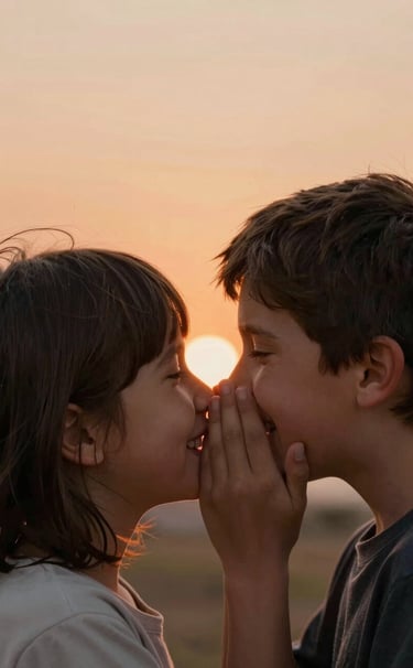 A candid, close-up shot of two young siblings whispering and giggling. The lighting features warm terracotta orange tones from a setting sun. Authentic expressions, shallow depth of field, cinematic style.