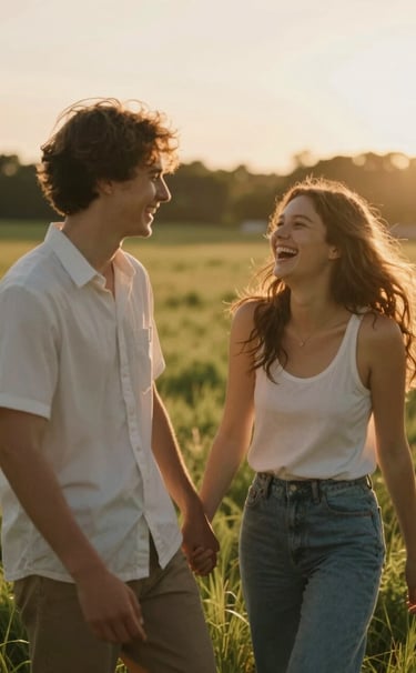 Authentic candid shot of a young couple laughing together in a sun-drenched meadow at golden hour, cinematic lighting with a warm and inviting atmosphere.