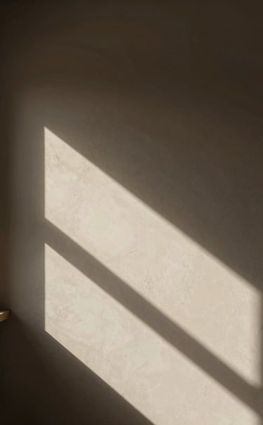 A contemplative scene in a South American / Argentine art studio. Soft afternoon light filtering through a window, casting long deep charcoal shadows on a textured soft off-white wall. Muted earthy brown tones dominate the composition.