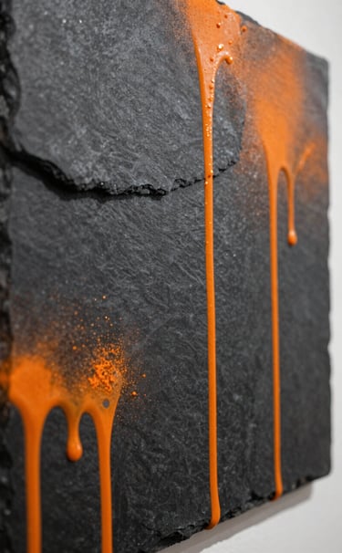 A macro photography shot of a mixed-media canvas in an International / Urban Art Scene gallery, showing layers of deep charcoal slate acrylic and safety orange spray paint drips.