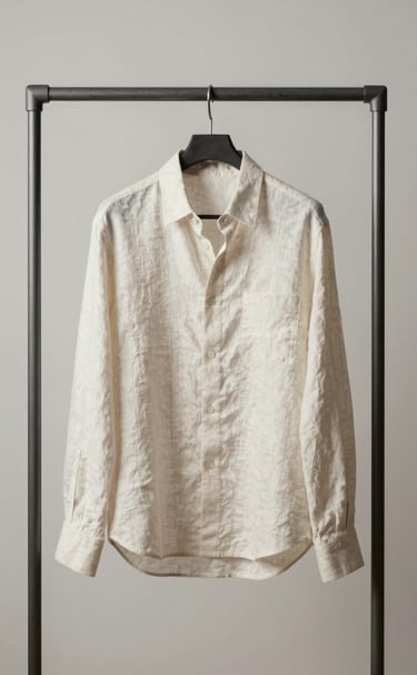 A high-end photography shot of a soft off-white linen shirt hanging on a minimalist dark slate grey metal rack. The background is a clean, neutral North American / Western European studio wall. Soft, diffused lighting highlights the elegant texture of the fabric. Minimalist and editorial aesthetic.