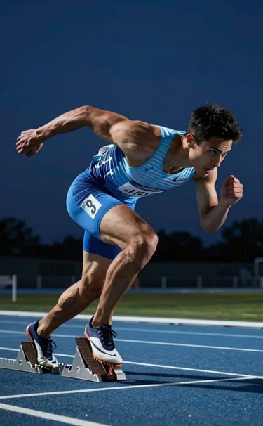 Full body dynamic shot of a sprinter at the starting blocks, intense rim lighting in light blue, dark blue background, North American / US athletics track, sleek futuristic athletic gear, cinematic high-speed photography.