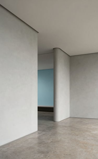 A wide-angle shot of a modern, minimalist gallery space in São Paulo, South American / Brazilian architecture, neutral light gray walls with a single baby blue accent element, natural soft daylight.