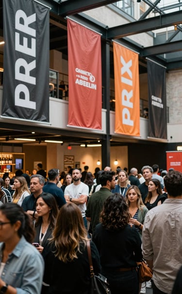 A wide-angle shot of a high-energy PR launch event in a stylish North American urban venue, featuring charcoal and reddish orange banners and a crowd of engaged professionals.