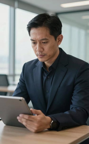 A professional portrait of a man like Zainuddin Kombih in a modern Southeast Asian / Indonesian office, wearing a dark navy blazer, looking thoughtfully at a digital tablet, soft natural morning light.