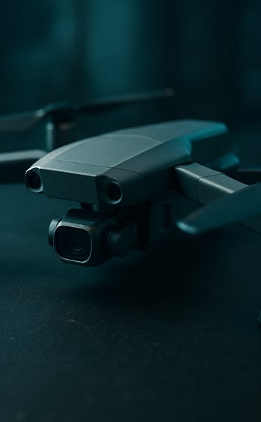 Close-up photography of a professional drone resting on a matte black technical surface, cinematic lighting with cyan accents, digital noise texture, futuristic tech aesthetic, East Asian / Korean urban.