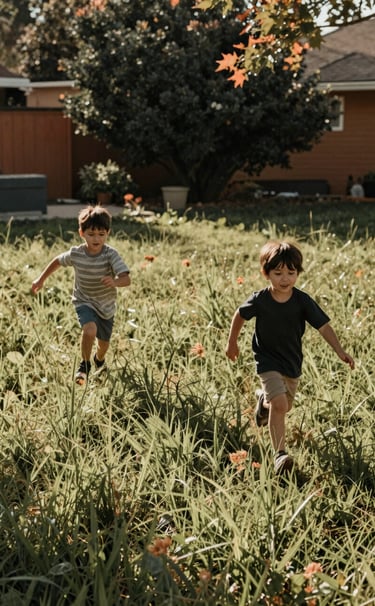Candid photography of children running through a tall grass field in a North American / US backyard. The scene is sun-drenched and warm, with charcoal and terracotta accents in the background foliage. Soft focus, cinematic feel.