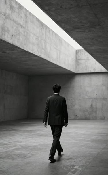 A cinematic wide shot of an actor walking through a minimalist concrete architectural space. High contrast, sharp lines, neutral tones of #A8A8A8 and #0F0F0F.