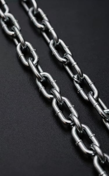 A minimalist photography shot of thick, heavy chrome-plated metal chains resting on a matte black surface. High-contrast lighting highlights the metallic sheen and sharp edges. Edgy and modern North American aesthetic.