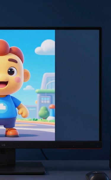 A close-up of a high-resolution display showing a colorful cartoon character in a professional North American / US office setting, with soft deep navy blue and sky blue lighting.