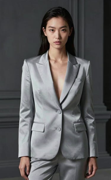 A portrait of a fashion model in a mist grey silk suit, positioned against a deep charcoal architectural background. The lighting is sharp and dramatic.