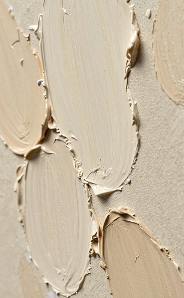Extreme close-up of thick oil paint textures on canvas, showing shades of cream and sand with a sophisticated impasto technique, side lighting highlighting the three-dimensional quality of the art.