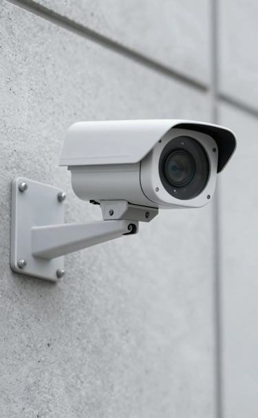 A close-up, sharp focus image of a modern CCTV camera mounted on a concrete wall. The style is clean and professional, with a color palette featuring #607D8B and #F5F5F5. The composition is minimalist and conveys a sense of watchful scrutiny.