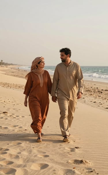 A candid shot of a couple walking on a soft sand beach in a Middle Eastern / Gulf coastal setting during golden hour, sun-drenched lighting, warm tan and burnt terracotta accents in their attire, authentic storytelling style.