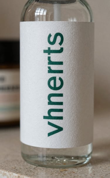 Close-up of a premium skincare glass bottle with a textured paper label. The label is mist white with deep sea green typography. The bottle sits on a polished stone surface in a North American / US luxury environment. Soft focus background.