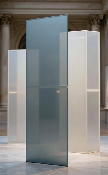 Photography of a contemporary sculptural installation in a European / French cultural center. The piece is made of translucent materials reflecting muted slate blue and soft off-white colors. Sharp focus, professional gallery lighting, modern aesthetic.