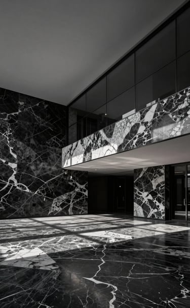 A cinematic wide-angle photograph of a sophisticated modern architectural space, minimalist design with black and white marble, elegant shadows, premium atmosphere, Global / Hispano setting.