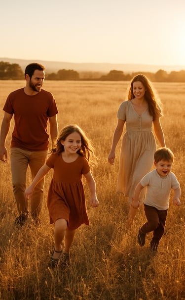 A wide, candid lifestyle shot of a family walking through a golden field in the US during the golden hour. Sun-drenched environment with warm sand and terracotta tones, cinematic composition capturing genuine motion.