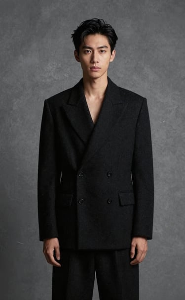 Editorial portrait of a figure in structured black wool garments, standing against a medium gray textured wall, North American / European, high-contrast studio lighting, minimalist composition, deep black and medium gray tones.