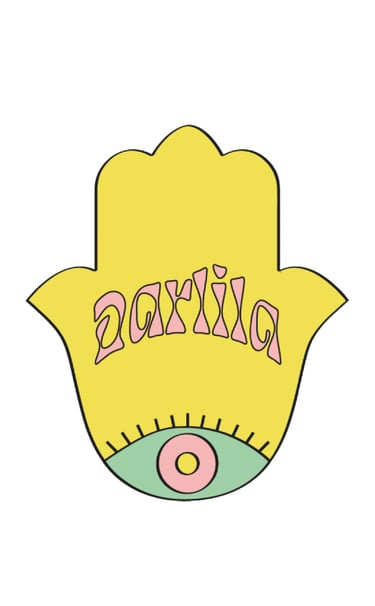 Logo Darlila Yellow Hamsa hand illustration with pink Darlila text and a stylized eye graphic.