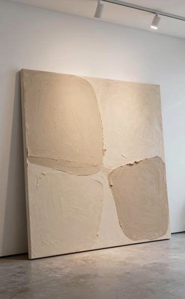 A large, minimalist square canvas leaning against a clean white wall in a modern North American living room. The art features heavy textures in soft sand and light clay tones, with organic shapes created by palette knives. The lighting is warm and gallery-like.