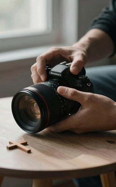 A close-up, artistic shot of a photographer's hands adjusting a lens, with a small, elegant wooden cross visible on a nearby table. Soft morning light filters through a window, creating deep shadows in #1A2F3C and highlights in #F5F2EC. Professional and peaceful atmosphere.