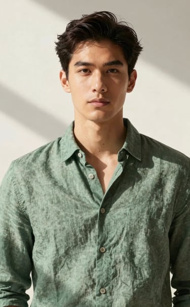 A high-end, artistic portrait of a subject in a sage green linen shirt, bathed in soft, natural morning light. The background is a clean, off-white wall with subtle shadows. The style is minimalist and elegant.