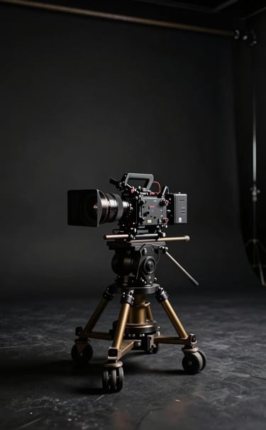 A wide-angle cinematic shot of a high-end media production set in a North American / US studio. Deep charcoal black shadows dominate the frame, with muted metallic gold accent lights hitting a professional camera rig on a dolly.