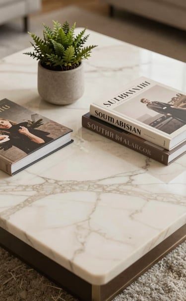 Close-up of a high-end marble coffee table styled with design books and a small native plant, showcasing cream and warm taupe tones, elegant South American interior design photography.