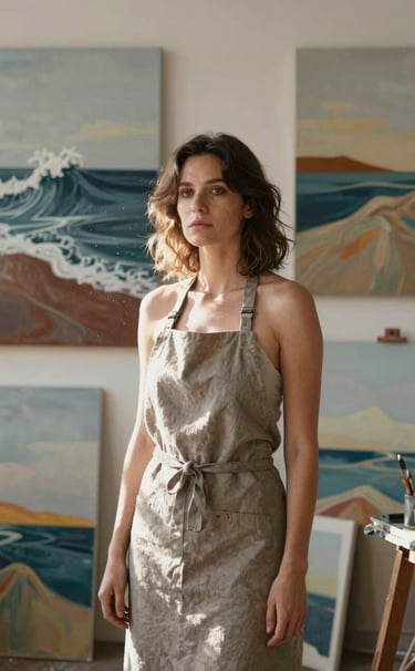 A soulful portrait of an artist in her studio, surrounded by large abstract paintings of waves and earth. She wears a muted taupe linen apron, and soft morning light streams through a window, illuminating specks of dust and vibrant color on her canvases.