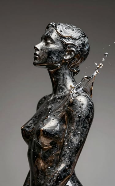 A sharp, close-up macro shot of a liquid chrome sculpture splashing in mid-air. The surface reflects dark charcoal and steel slate tones. Studio lighting with high contrast against a minimalist background, looking like high-end VFX art.