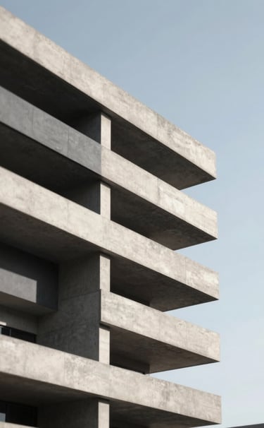 A striking architectural detail of a brutalist concrete building against a sharp, clear sky. Strong geometric shadows. The palette uses #1A1A1A for shadows and #F5F5DC for the illuminated concrete surfaces. Minimalist and bold.