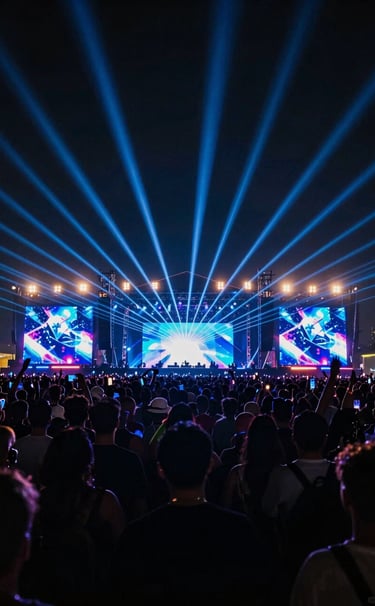 Wide shot of a massive outdoor electronic music festival stage at night, vibrant #7A7CF1 laser beams, dark crowd silhouettes, cinematic lighting.