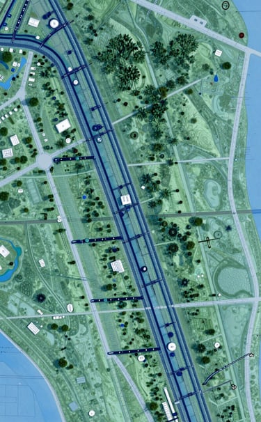 A detailed technical blueprint and architectural map of a water distribution network overlaid on a green landscape, professional clean aesthetic with dark navy blue lines on a light steel blue background.