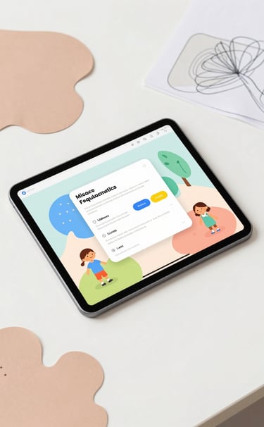 A creative workspace composition showing a tablet with a colorful user interface for kids, surrounded by organic paper shapes in #FFC6A6 and soft-textured sketches, shot in bright natural light.