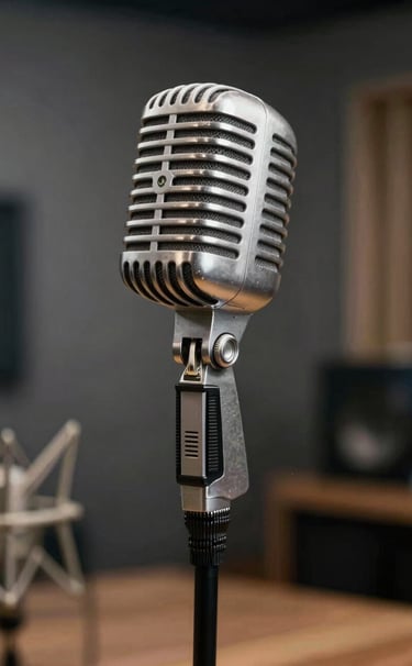 Artistic photography of a vintage silver microphone in a dark, professional recording studio. Faint cinematic haze in the background with soft gray lighting. Premium and authentic North American / US music production atmosphere.