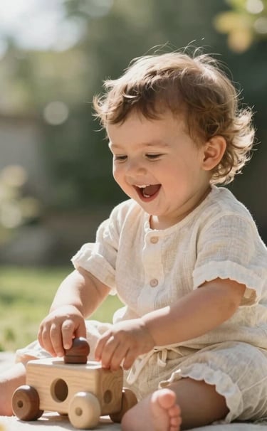 An artistic shot of a toddler laughing while playing with a wooden toy in a sunny Bodrum garden. The child is wearing simple linen clothes in off-white. The lighting is bright and airy, emphasizing a modern and visually-driven aesthetic.