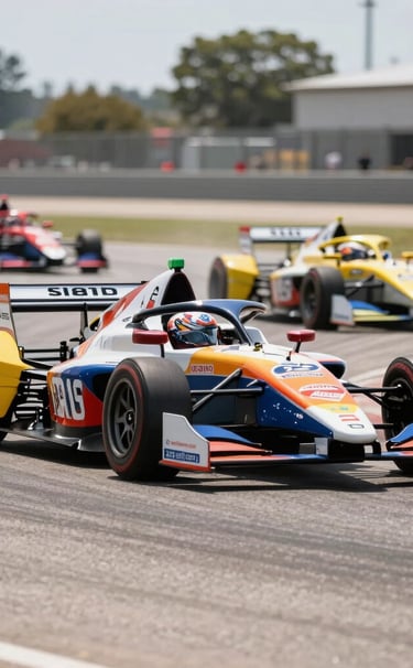 A low-angle action shot of Formula Indie cars racing through a North American street circuit, asphalt texture in the foreground, vibrant team liveries, bright natural sunlight.
