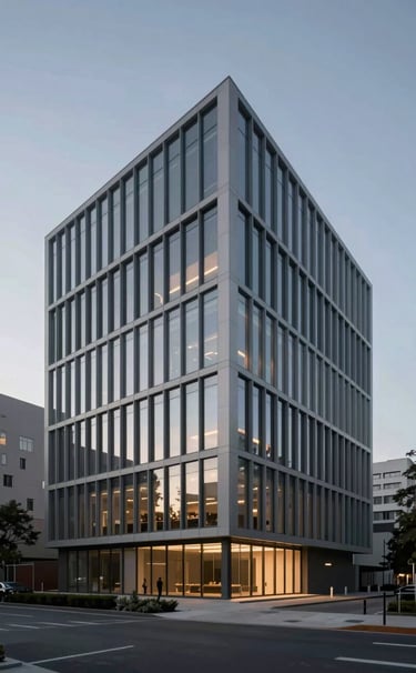 A wide-angle shot of a modern minimalist building with sharp geometric lines and floor-to-ceiling glass windows at dusk, showcasing a sophisticated glow and the #2F2E2E palette.
