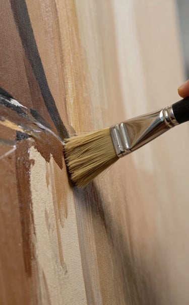 Close-up photography of a paintbrush stroking a textured canvas, vibrant but sophisticated abstract patterns, soft tan and dark brown shadows, North American art studio setting.