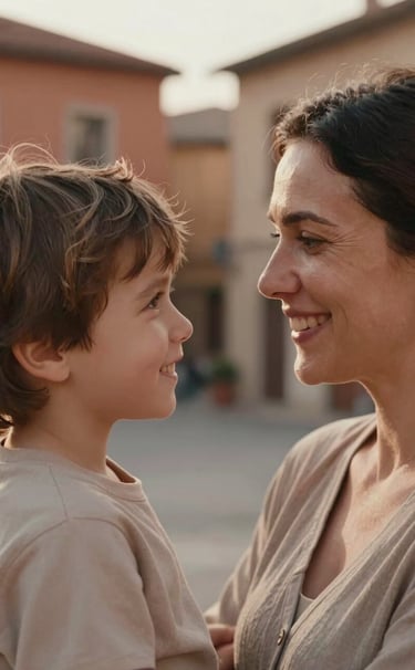 Close-up photography of a sincere interaction between a mother and child, soft afternoon light hitting their faces, authentic smiles, European setting, warm terracotta and muted sand tones.