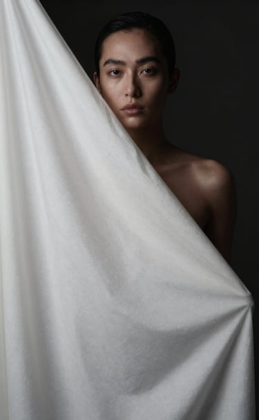 A high-fashion portrait with soft cloud white fabrics draped artistically. The model is partially hidden in deep obsidian shadows, with muted steel highlights on the skin texture. Sophisticated and moody.