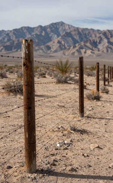 A professional ground-level photograph of a barbed-wire fence line stretching across a desert plain in Northeast Nevada. The focus is sharp on the weathered cedar post and rusted wire, with sand-colored soil in the foreground. In the background, distant mountains are bathed in a soft haze, conveying strategic potential.