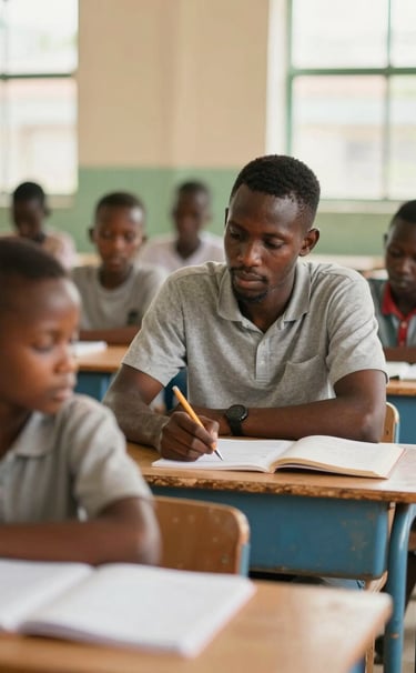 Frank Artus engaging with young students in a bright Liberian classroom. Sophisticated composition with soft natural light, featuring #A88B57 accents in the background.