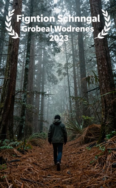 A grainy, film-style still from a point-of-view video. A person is walking through a dense Oregon forest, with muted blue-grey mist hanging between the tall trees and warm taupe needles on the ground.