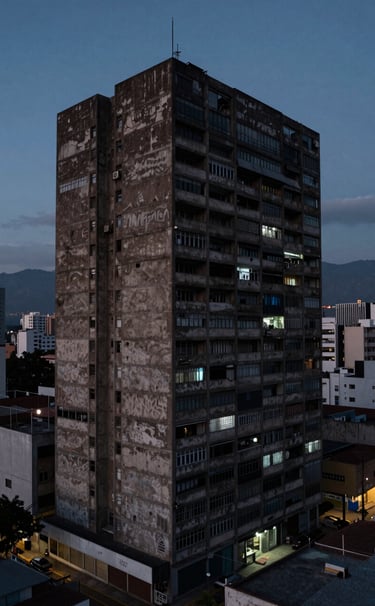 Wide-angle cinematic shot of a brutalist building in a Latin American / Hispanic city at dusk, moody atmosphere with deep Midnight Charcoal shadows and Slate Blue ambient light.