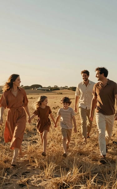 Cinematic wide shot of a family walking joyfully through a sun-drenched field in Portugal. Warm golden hour light, spontaneous movement, soft sand and terracotta color palette in their modern casual clothing.