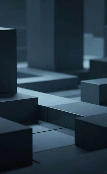 Wide-angle cinematic screenshot of a futuristic architectural game level. Geometric shapes and sharp edges are illuminated by deep navy #1A202C shadows and soft blue #E0E8F0 highlights. Professional craftsmanship vibe.